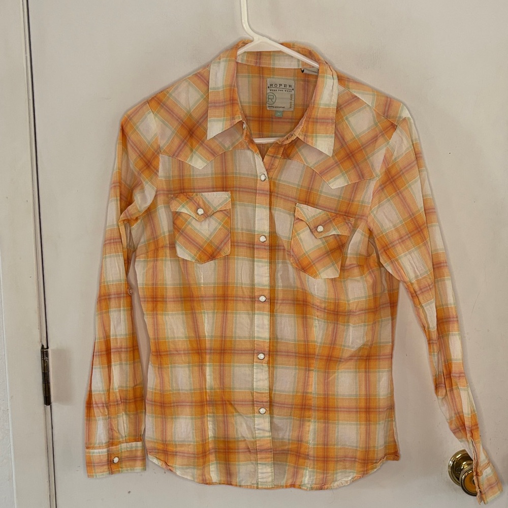 Roper orange white plaid long sleeve button down western shirt Size Medium